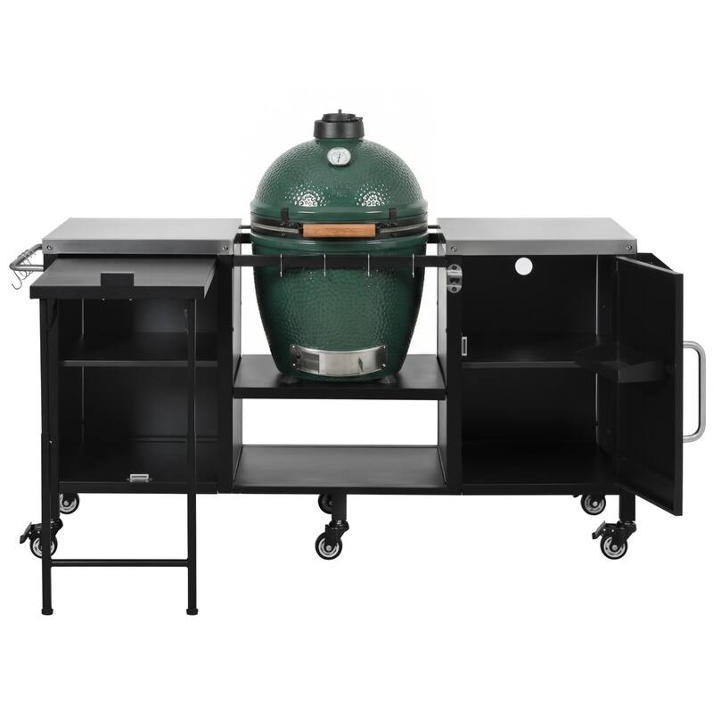 72.4"Large Grill Table for Large Big Green Egg,Metal Outdoor Grill Cart with Fold-out Prep Table,Adjustable Shelves,Spice Rack