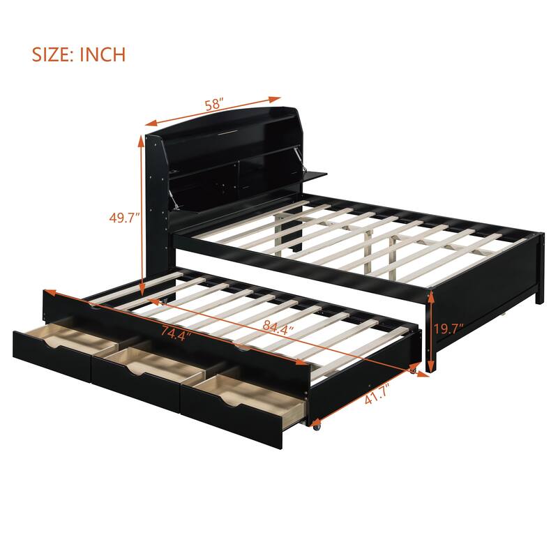 Roomfitters Wooden Platform Bed with Trundle, Headboard Storage and Accent Lighting