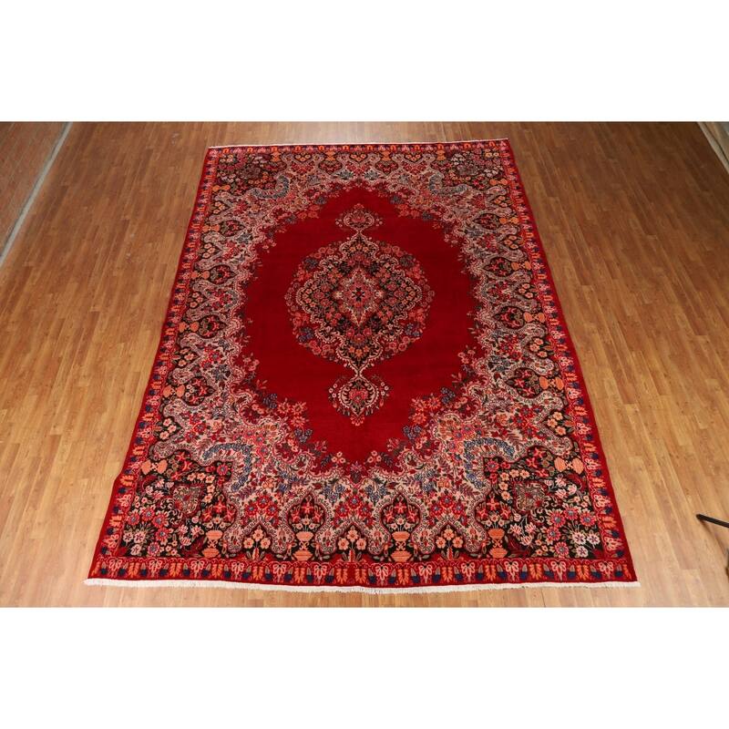 Red Medallion Kerman Persian Vintage Area Rug Handmade Wool Carpet - 9'2"x 12'8"