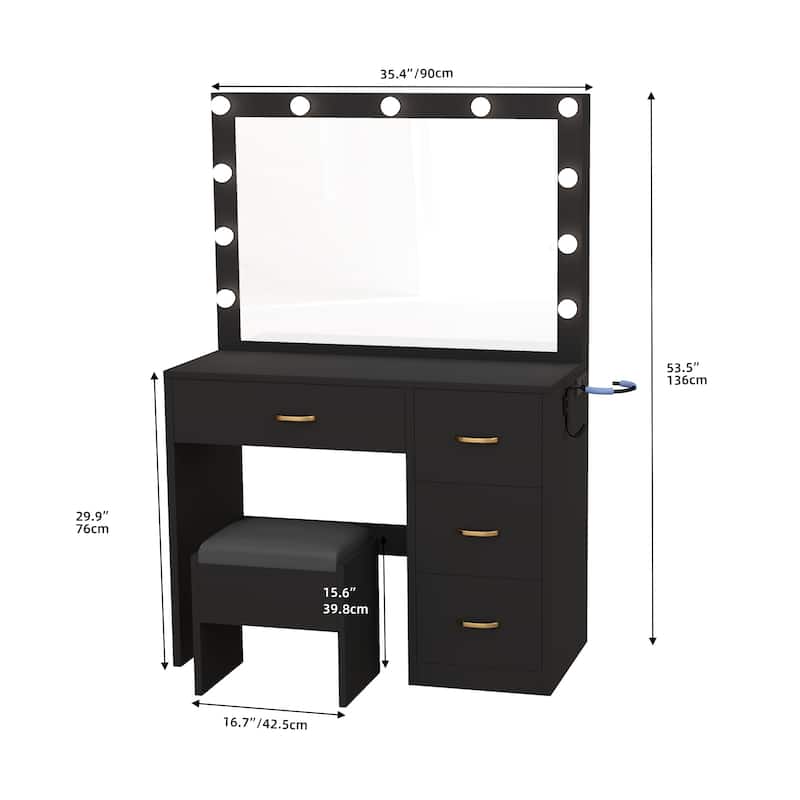 35.4" Mirror Makeup Vanity Table with Stool and Light Bulb - 35.4''L x 15.7''W x 53.5''H
