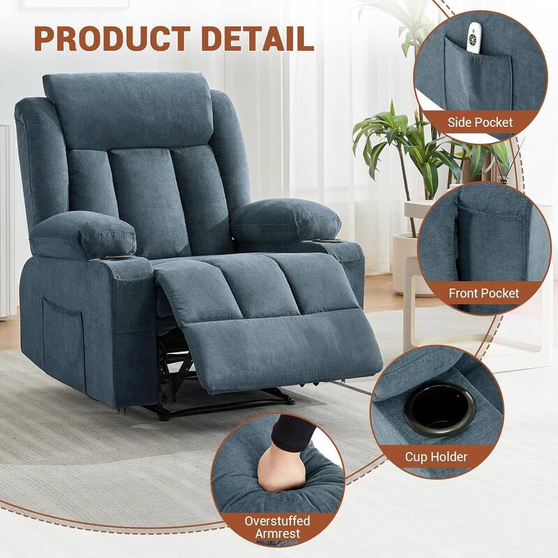 Oversized Manual Recliner Chair with Vibration Massage and Heat, Classic Overstuffed Deep Seat Sofa