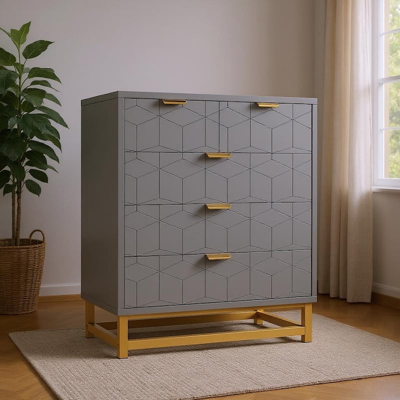 5 Drawer Dresser, with Metal Legs and Gold Handles - Grey