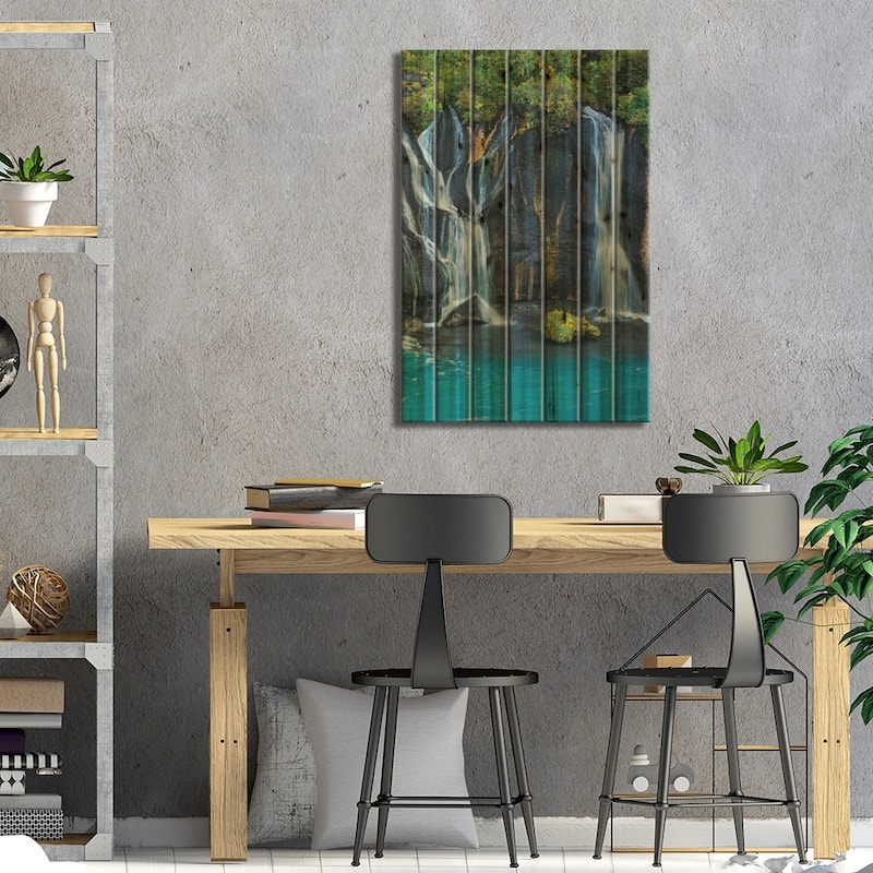 Iceland, Hraunfossar. Tiny cascades emerge from the lava to flow into the Hvita River Print On Wood by Ellen Goff - Multi-Color