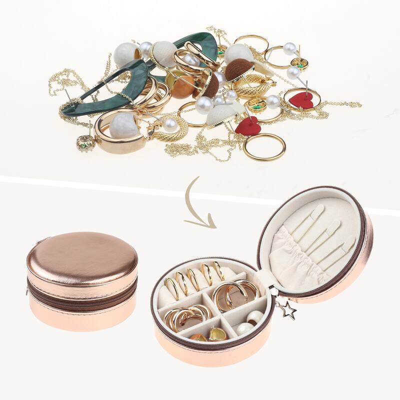 Travel Jewelry Box for Women Girls Birthday Gifts, Small Round Portable PU Leather Jewelry Organizer Case for Earring Necklace - Gold