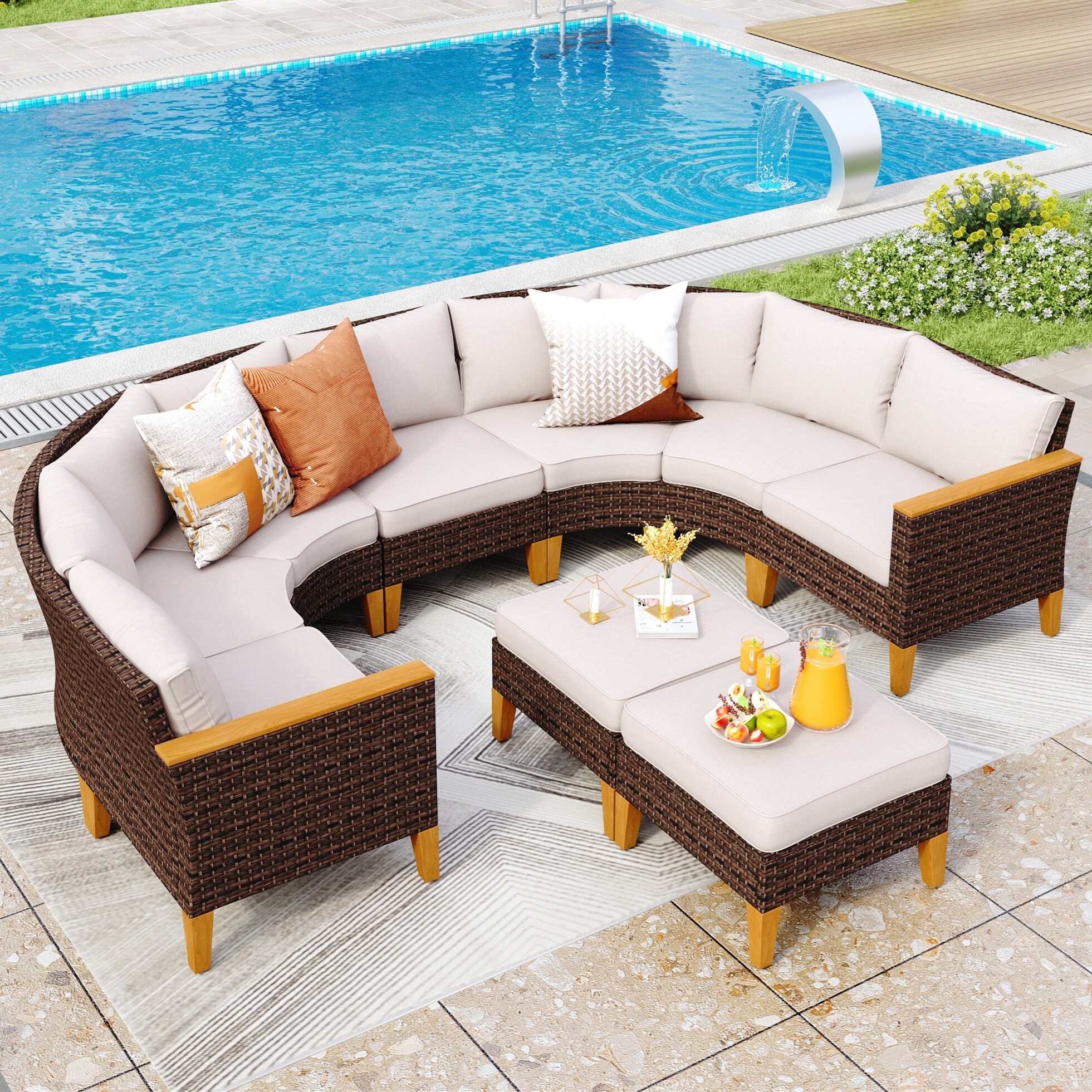 11 Piece Outdoor Wicker Half Round Furniture Set Half Moon Sectional Sofa All Weather Curved Conversation Set Bed Bath Beyond 37667050