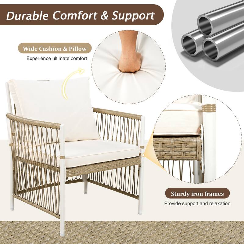 Roomfitters 7-Piece Patio Dining Set, Rectangular Outdoor Table with 6 White Rope Weave Armchairs & Cushions, Natural