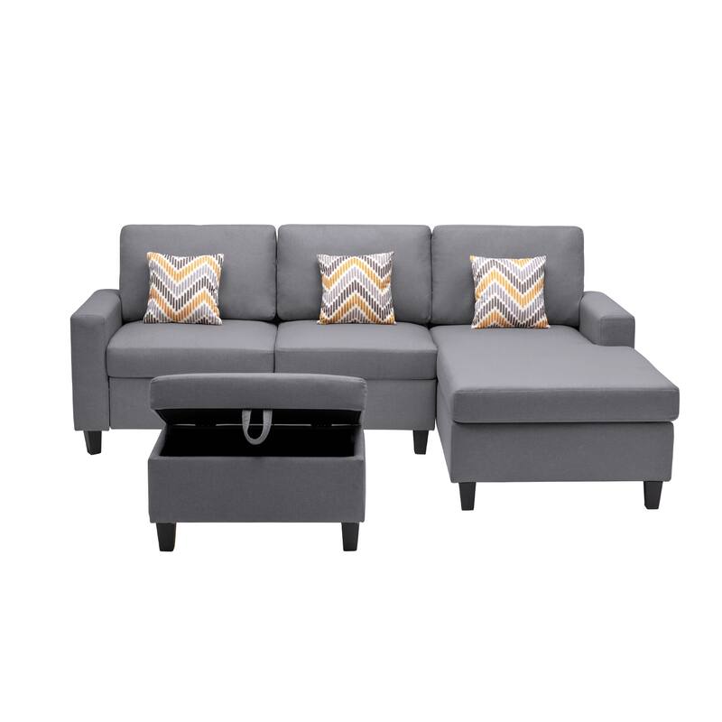 Linen Fabric 4 Piece Reversible Sofa Chaise with Interchangeable Legs and Storage Ottoman in Grey