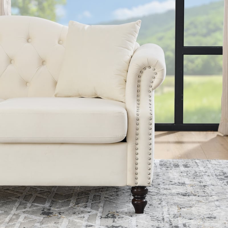 Velvet Chesterfield Sofa, 2 Seater Tufted Couch with Nailhead Trim, Rolled Arms