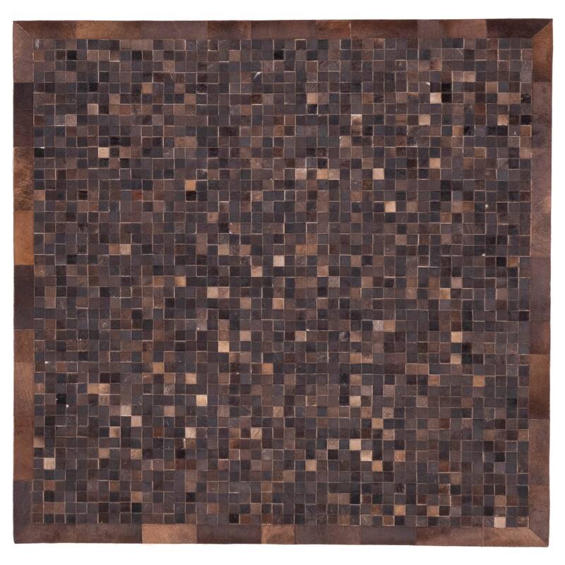 ECARPETGALLERY Handmade Cowhide Patchwork Dark Brown Leather Rug - 6'1 x 6'1