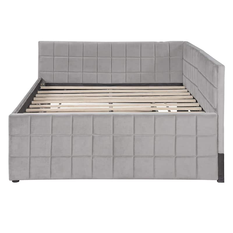 Full Size Daybed with Pull-Out Lift-Up Trundle, Upholstered Daybed Platform Bed with Stripes L-Shaped Backrest and Wood Slats