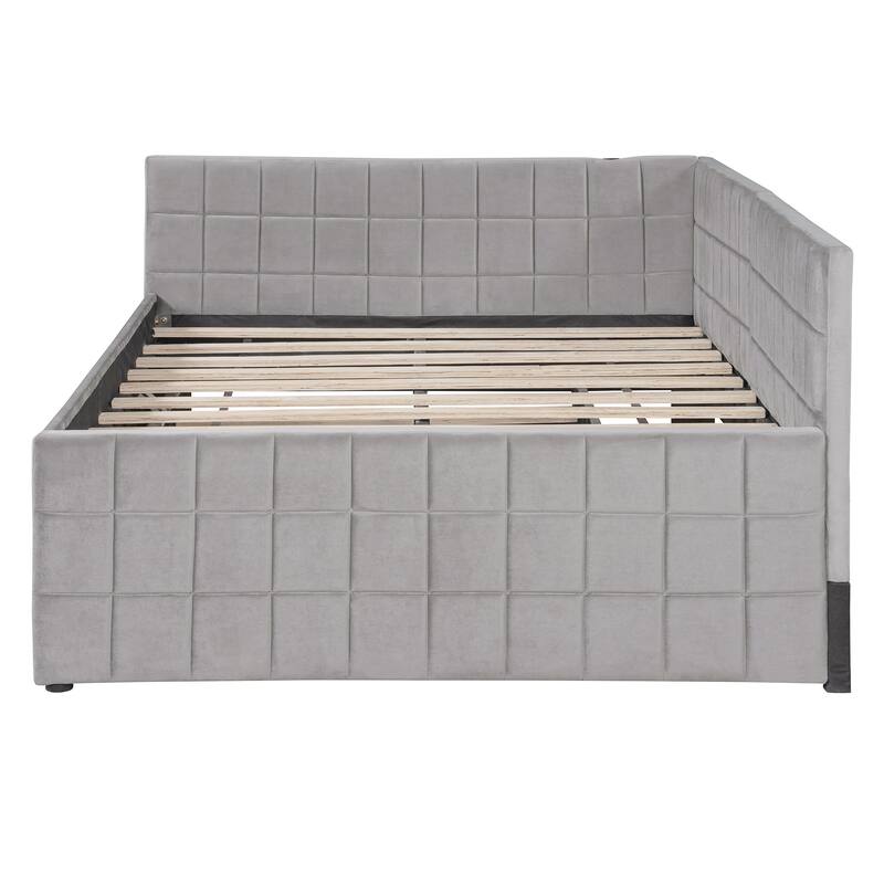 Full Size Upholstered L-Shaped Upholstered Daybed with Twin Size Pop Up Trundle and USB ports, Gray