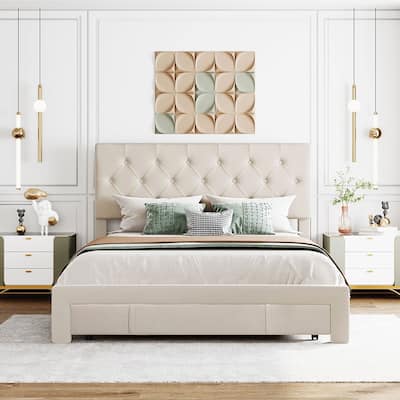 Queen Size Velvet Upholstered Platform Bed with a Big Drawer