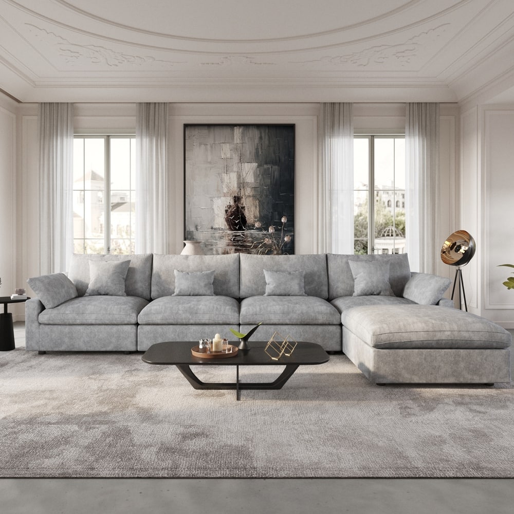 Modular Sectional Sofa Cloud Couch with Ottoman, 119'' L Shaped Linen Blend Fabric Minimalist Sectional Sofa for Living Room