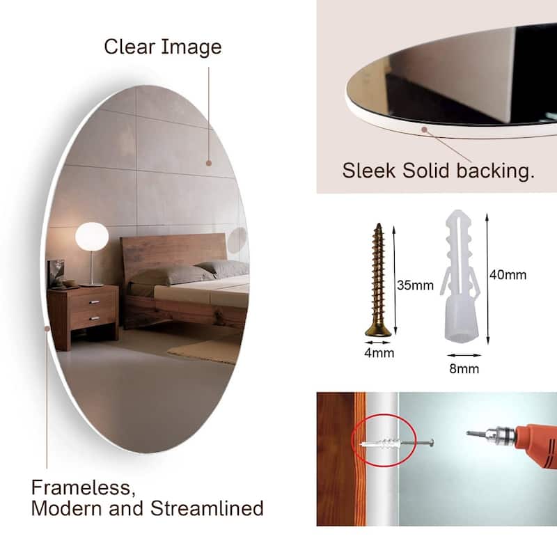 25" Round Mirror Frameless Beveled Wall Mounted Bathroom Mirror