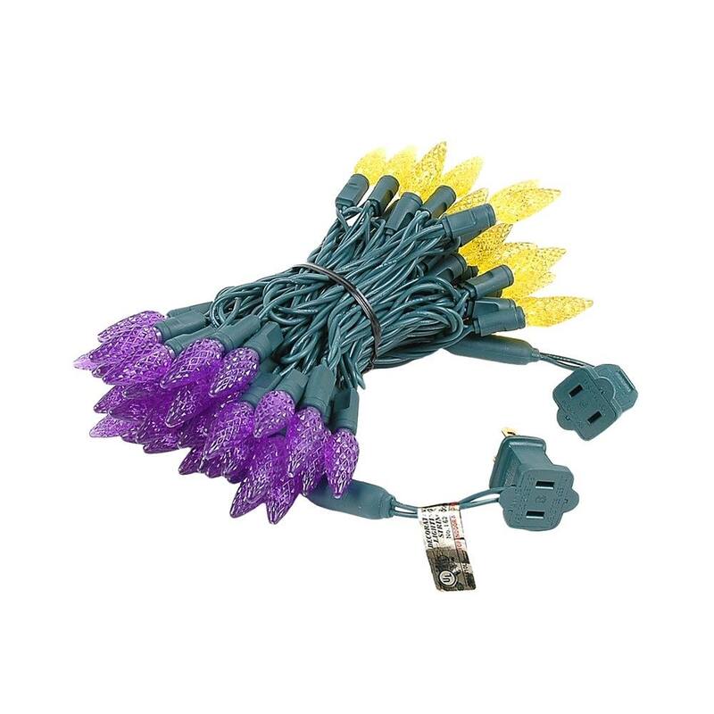 70 Light C6 LED Christmas Mini Light Set, Purple/Yellow, Green Wire, 24 Feet - Large