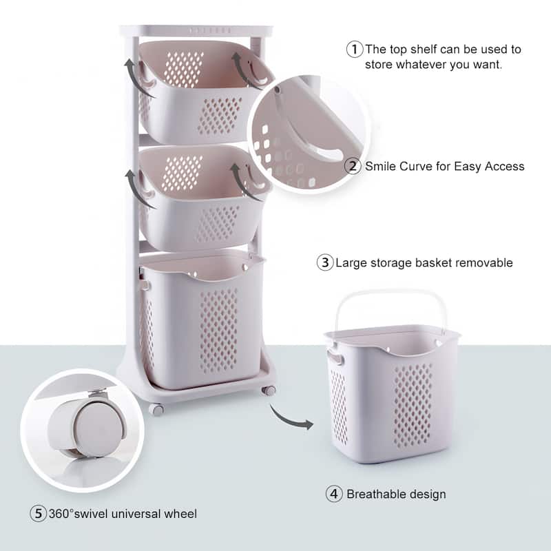 4-Tier Laundry Hamper Sorter, Laundry Storage Organizer with Wheels Removable Rolling Laundry Baskets