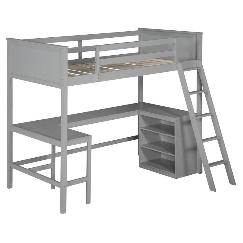 Space-Saving Twin Loft Bed with Desk and Shelves, Gray Finish