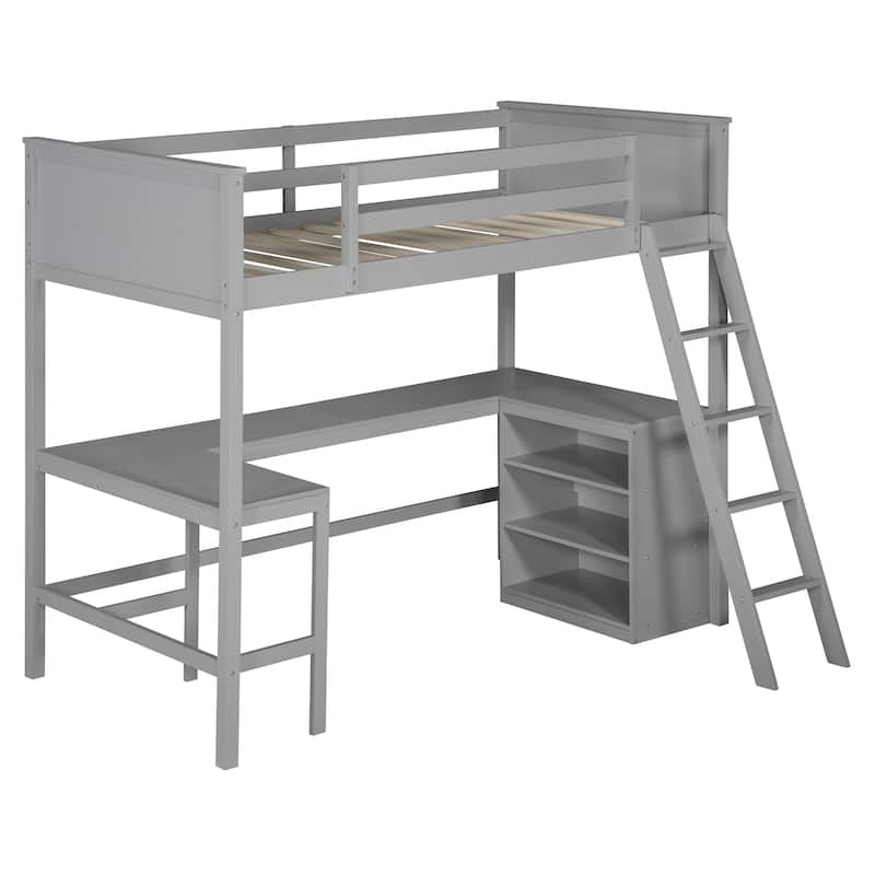 Twin Size Loft Bed with Shelves and Built-in Desk, Wooden Loft Bed with Ladder and Safety Guardrail for Student Boys Girls