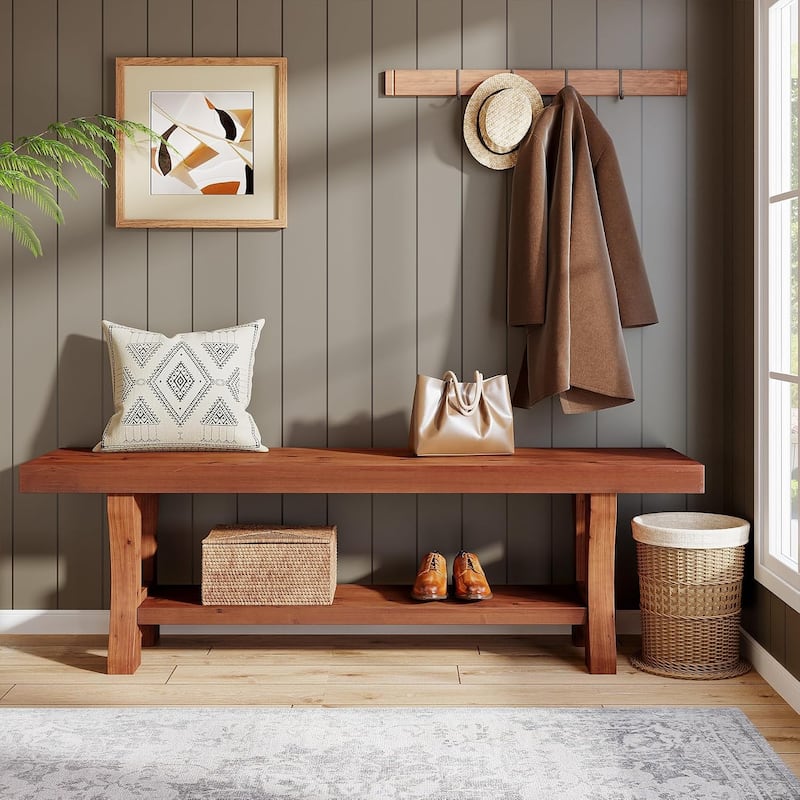 Solid Wood Entryway Bench, 55" End of Bed Bench, Long Indoor Dining Seat - 55.1" W x 13.8" D x 17.7" H