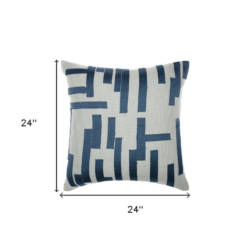 HomeRoots 24" Blue and Ivory Geometric Cotton Blend Throw Pillow With Embroidery
