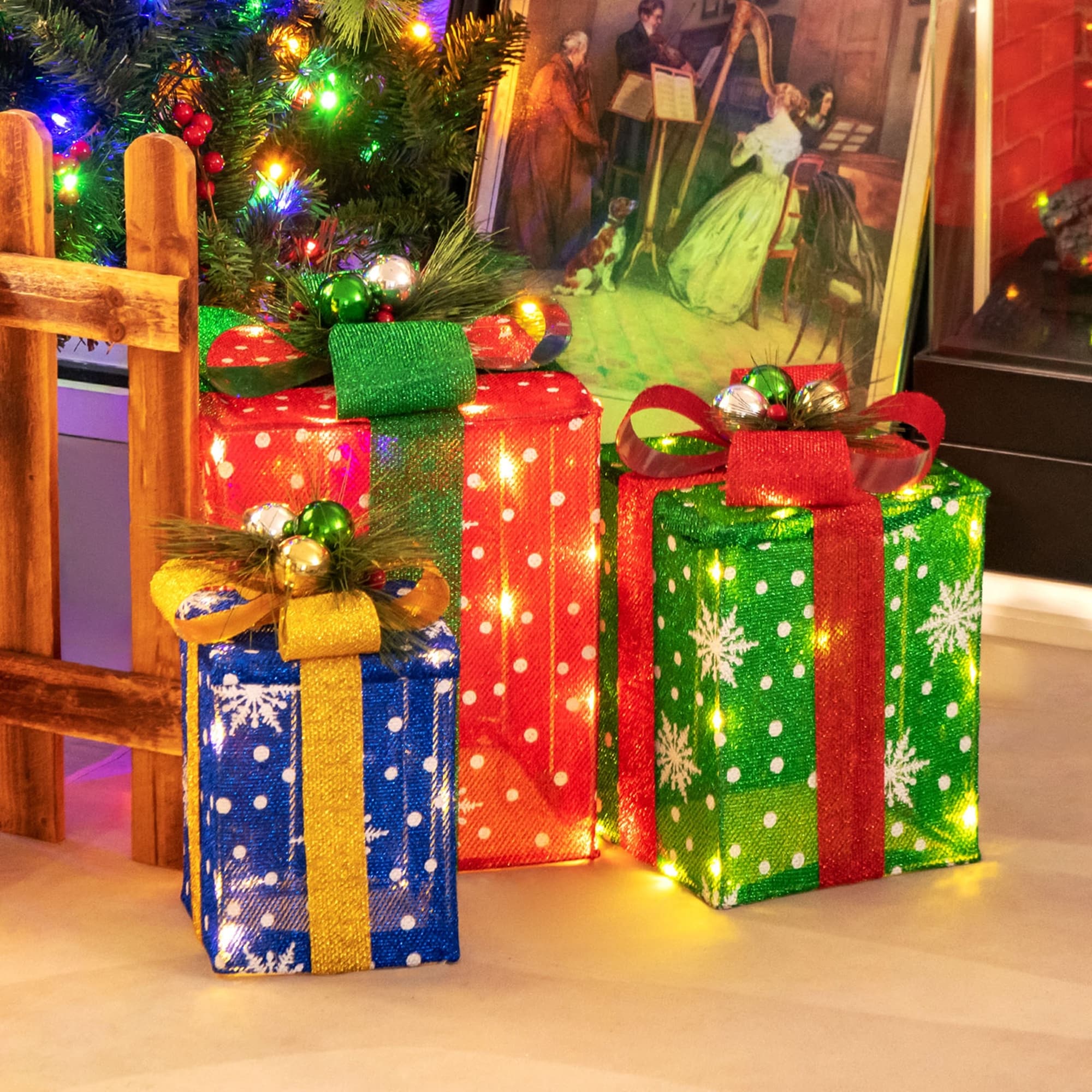 3 PCS Christmas Gift Box Decoration with 52 Pre-lit LED Lights