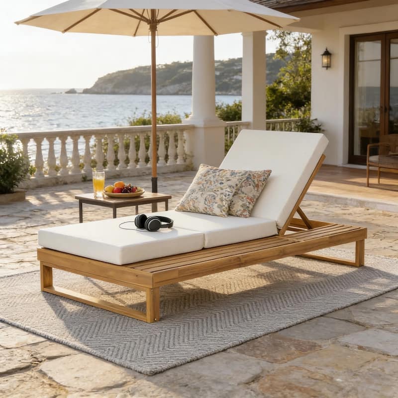 Christopher Knight Home - Modern Outdoor Acacia Wood Chaise Lounge with 4-Position Adjustable Backrest & 2-Fold Cushion - Teak Finish+Cream Cushion