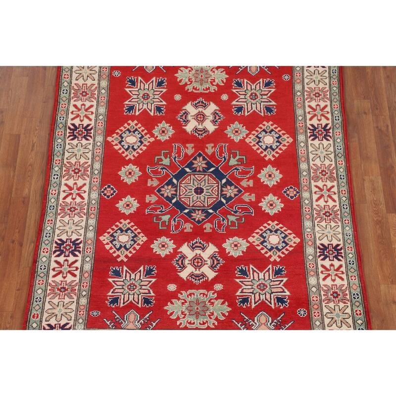 Red Geometric Kazak Area Rug Handmade Oriental Bedroom Wool Carpet - 4'10" x 6'5"