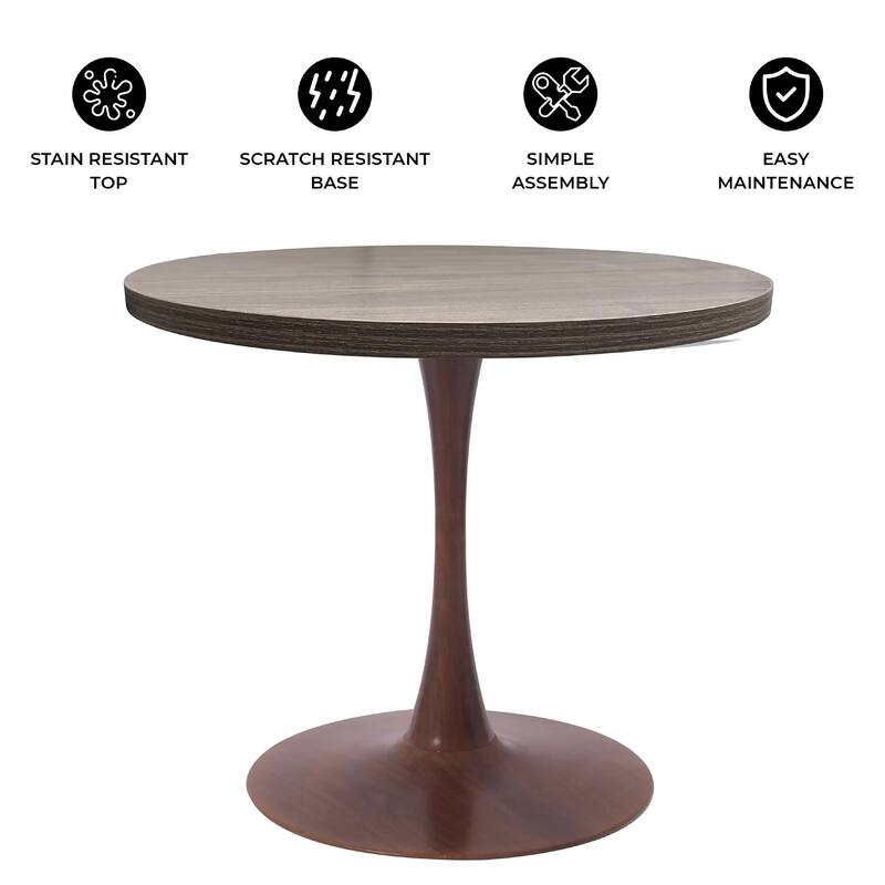 Bristol 27" Round Dining Table with MDF Top and Walnut Steel Pedestal Base for Modern Kitchen and Dining Room