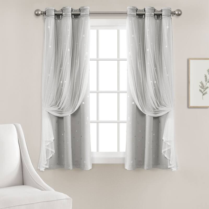 Lush Decor Star Sheer Insulated Grommet Blackout Window Curtain Panel Pair - 63 Inches - Light Gray