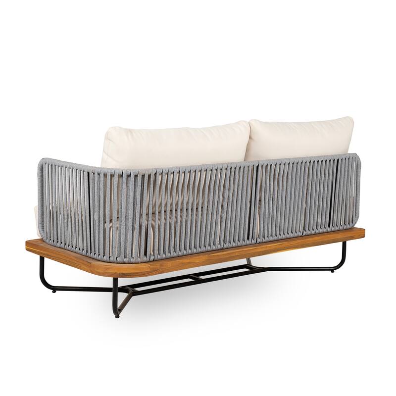 Roomfitters Outdoor Acacia Wood Rope Woven Sofa Sectional Set with Cushions, Beige