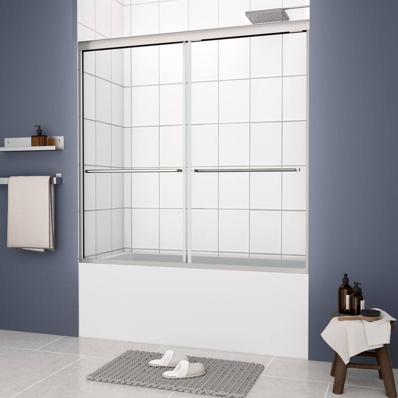 56"-60"W x 58"H Aluminum-framed bathtub door with stainless steel handle