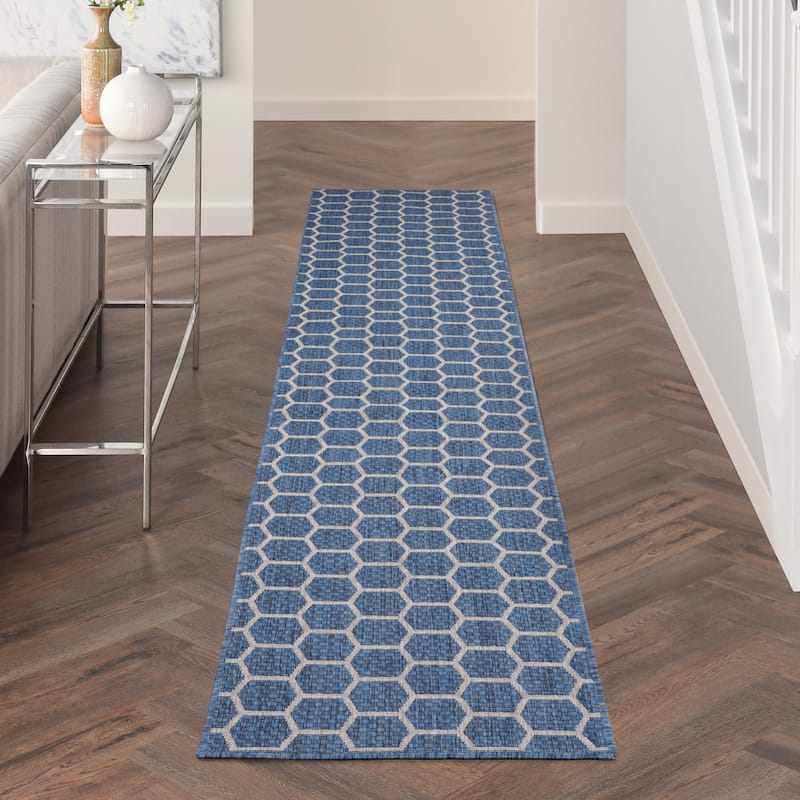 Nourison Reversible Indoor Outdoor Indoor/Outdoor Geometric Area Rug - 12' Runner - Blue