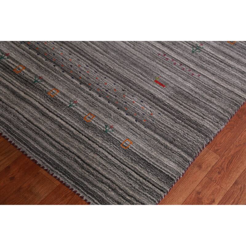 Hand Knotted Oriental 100% Wool Carpet Tribal Stripe Greys & Charcoal Gabbeh Area Rug - 9' 9'' X 8' 1''