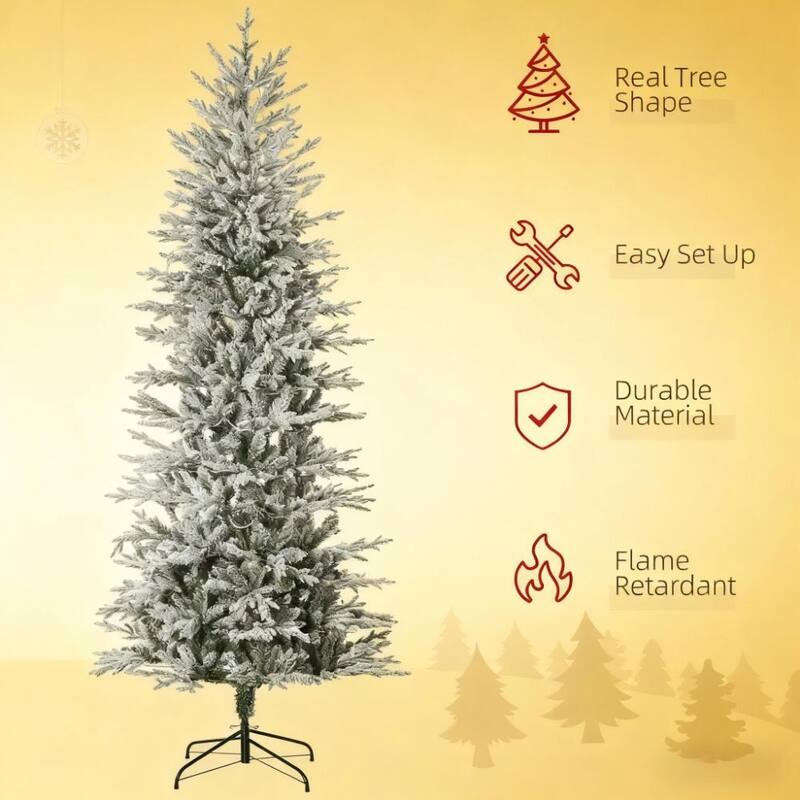 Pre-Lit Flocked Artificial Christmas Tree - Snow Branches, Warm Yellow Lights, Auto Open - Green