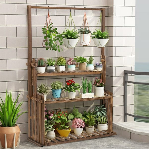 Heavy Duty Hanging Plant Stand Shelving Unit Flower Pot Rack - Brown