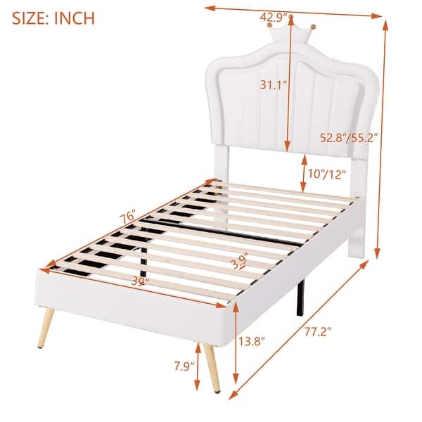 dimension image slide 0 of 2, Twin Size Upholstered Platform Bed with Included LED Lights and Crown Headboard for Elegance