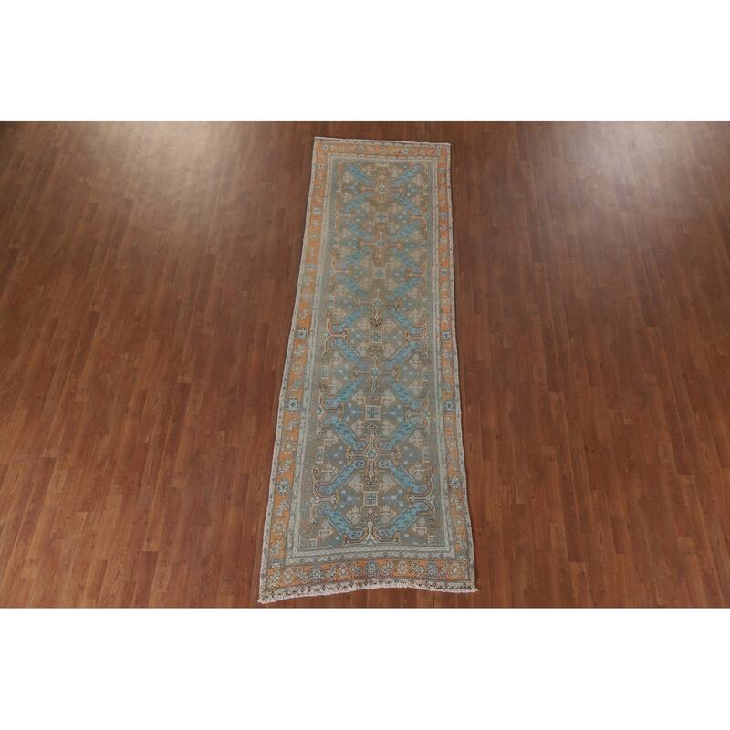 Hand Knotted Oriental 100% Wool Carpet Traditional All-Over Beige & Ivories Heriz Runner Rug - 10' 9'' X 3' 4''