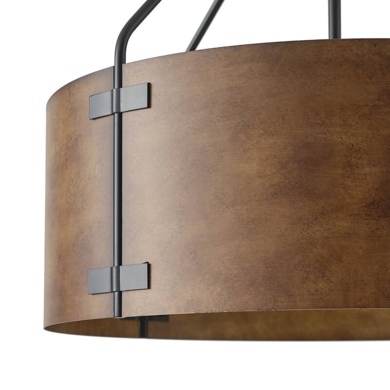 Vintage Matte Black 4-Light Metal Drum Pendant Light with Brown Lampshade