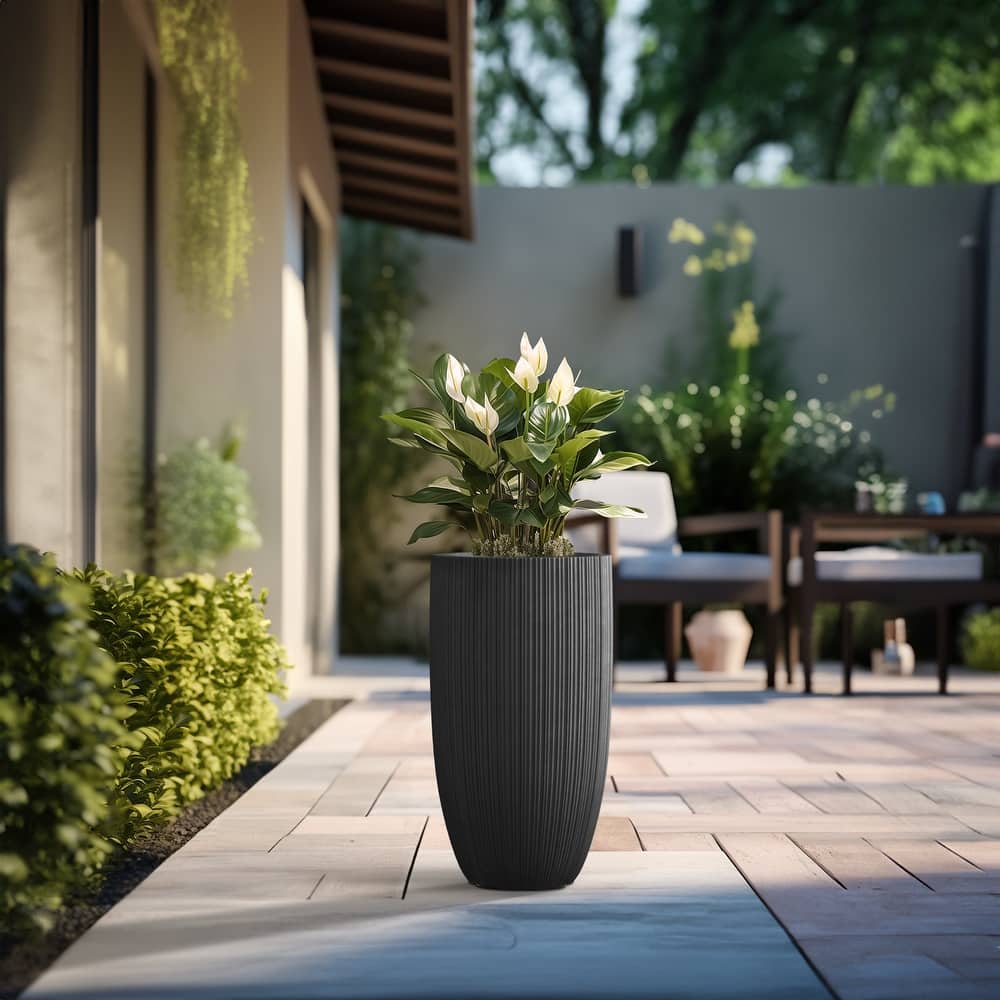 Textured Granite Gray Tall Concrete Round Plant Pots / Large Indoor and Outdoor flower Planters (13.5 Inch x 24.5 Inch)