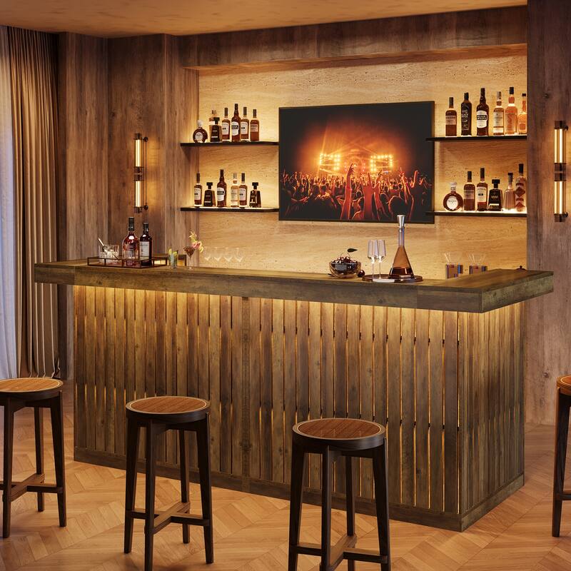 Home Bar Unit, Corner Liquor Bar Table with Storage Shelves & Wine Glass Holder, Pub Reception Accent Cabinet Desk