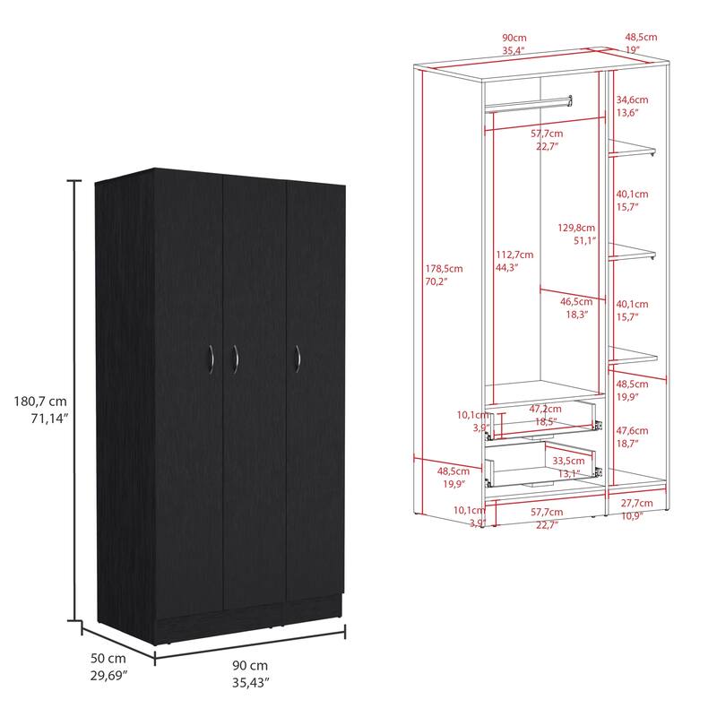 35.4" Modern Three-door Armoire with 2 Drawers and 4-Tier Shelves for Bedroom