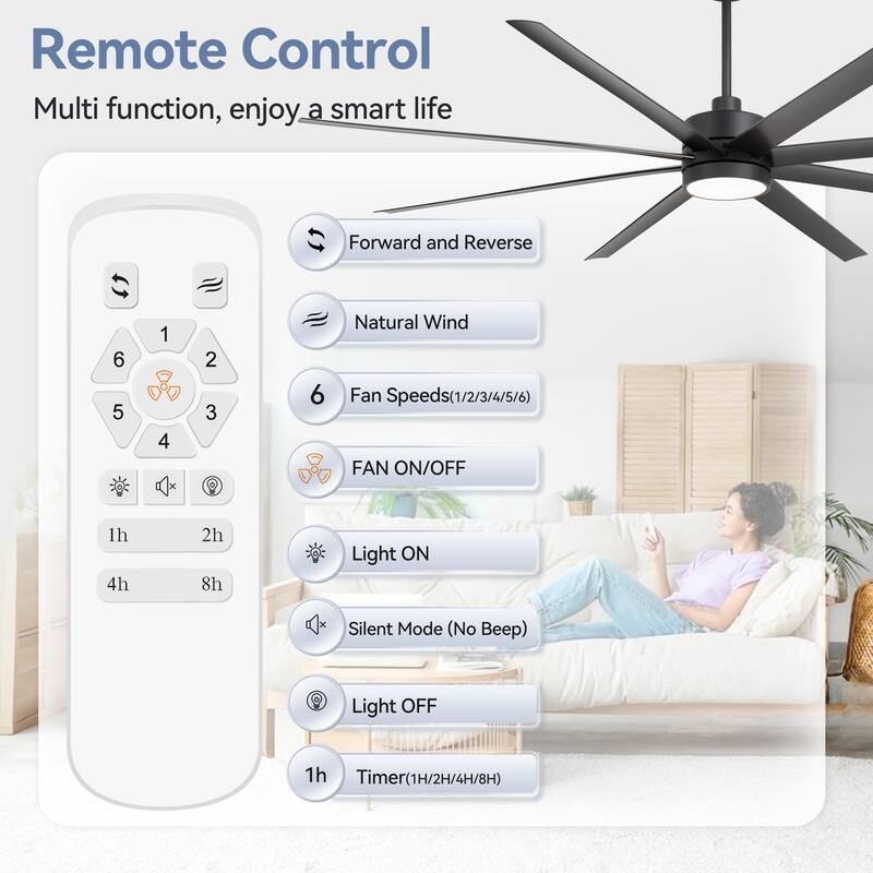 65"/72"/84" Modern LED Ceiling Fan with Light and Remote(8-Blade)