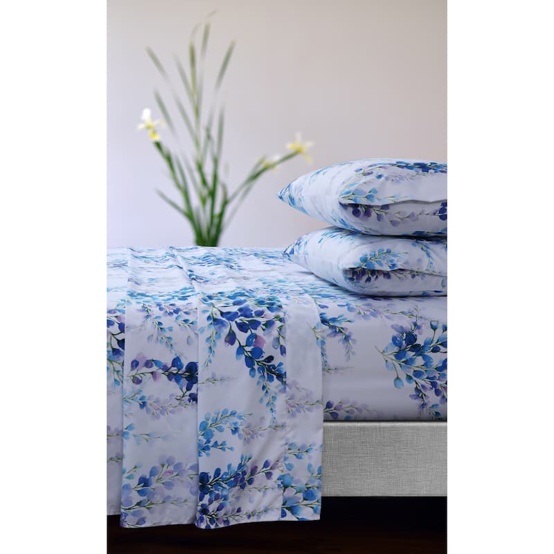 Azores Home Floral Printed Deep Pocket Sheet Set with Oversized Flat - King - Jolie Blue