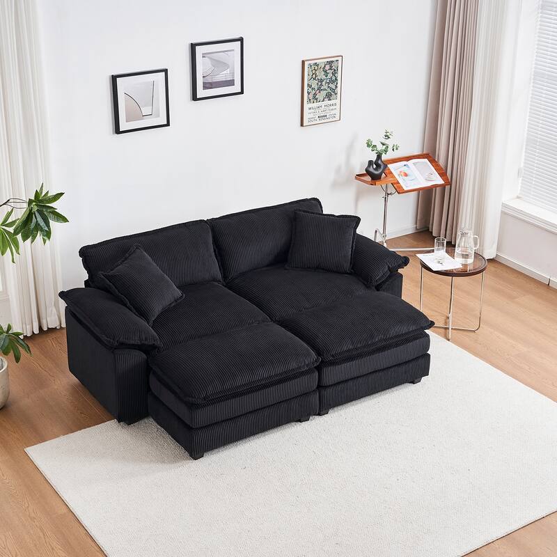 84.6" Corduroy 2-seats sofa With 2 back pillows,2 toss pillows and two ottoman