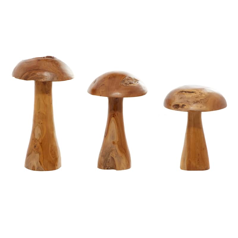 Teak Wood Mushroom Handmade Live Edge Sculpture with Natural Smooth Finish - Set of 3 Brown - Roche River Decor