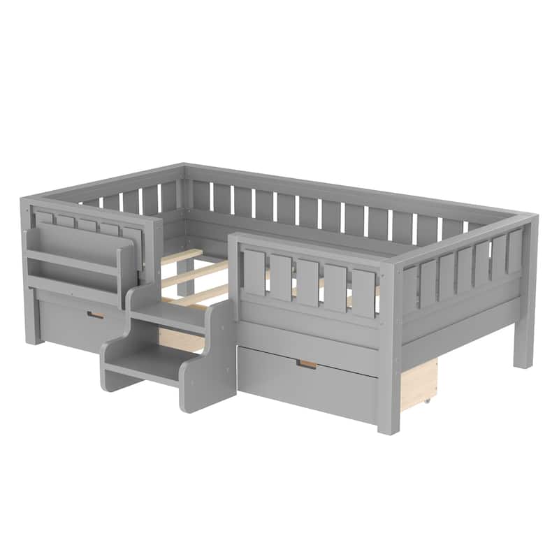 Multiple Colors Toddler Montessori Bed Children's Platform Bed with Low Profile Stairs, Built-in Bookshelf and Storage Drawers
