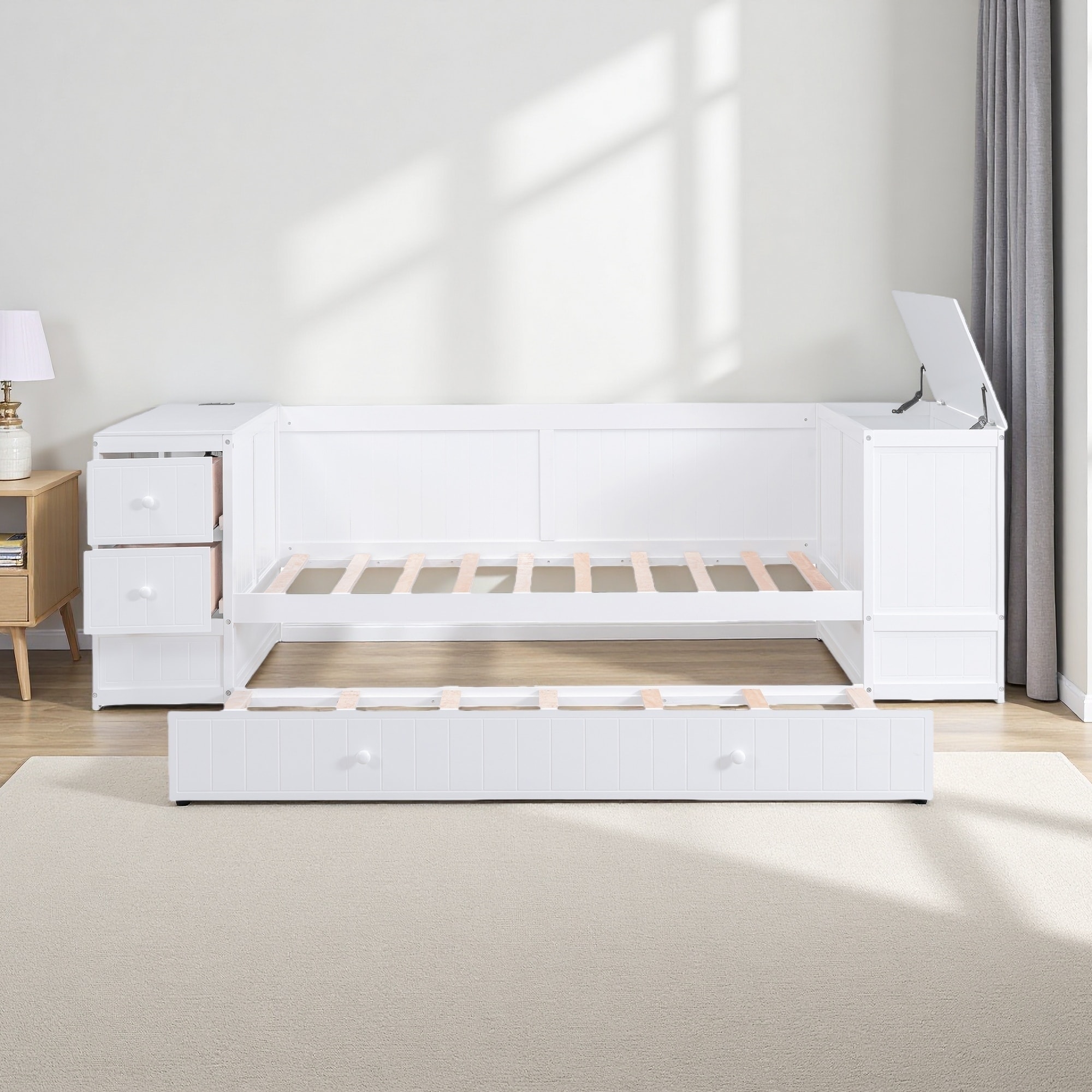 Twin Pine & MDF Daybed with Storage Arms, Twin Trundle, USB Charging & Drawers