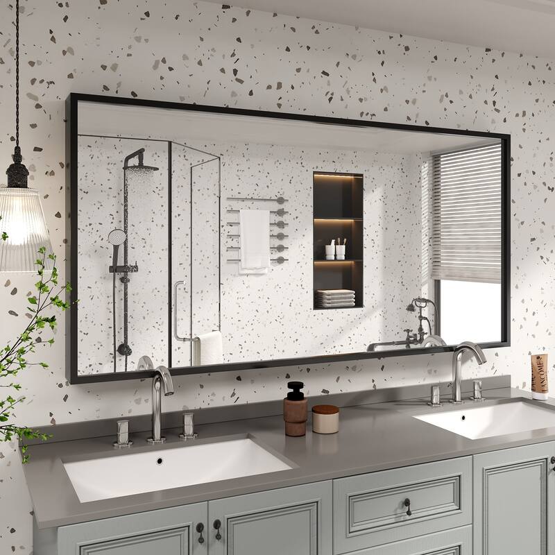 Tempered Glass and Metal Framed French Cleat Mounted Wall Bathroom / Vanity Mirror - 60" x 30" - Black