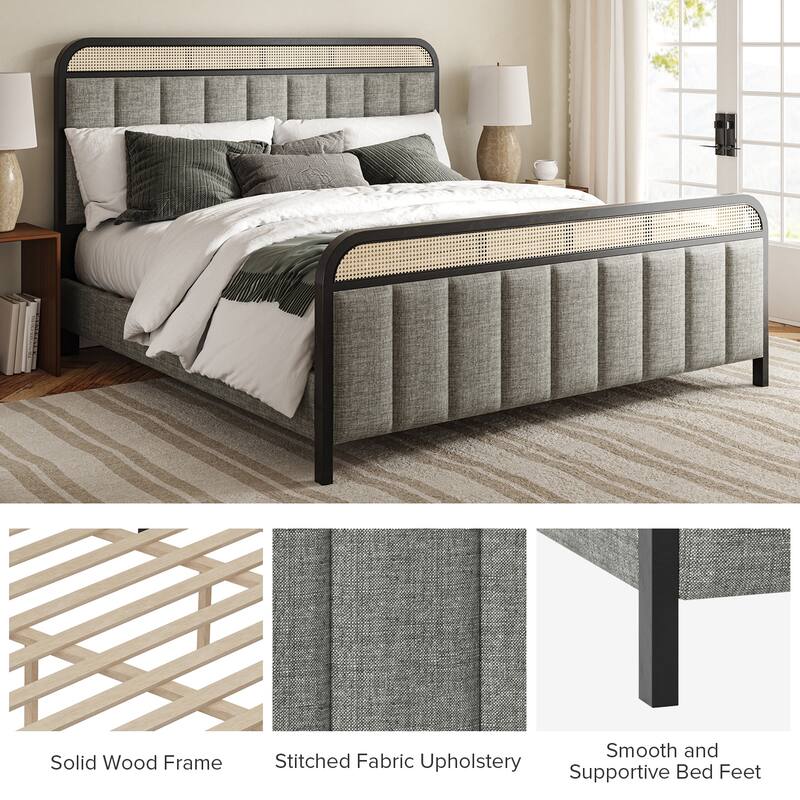 Alphons Modern Solid Wood Frame Ratten Bed with LED Headboard by HULALA HOME