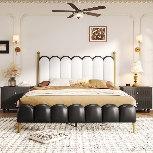 slide 2 of 46, Christopher Knight Home - Leather Upholstered Bed with Headboard & Footboard, Solid Wood Slats & Legs, No Box Spring Needed BLACK+WHITE - Queen